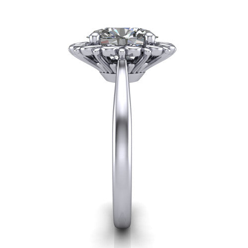 Naomi oval solitaire engagement ring in Platinum with vintage floral filigree frame, side profile showing the plain band and filigree gallery