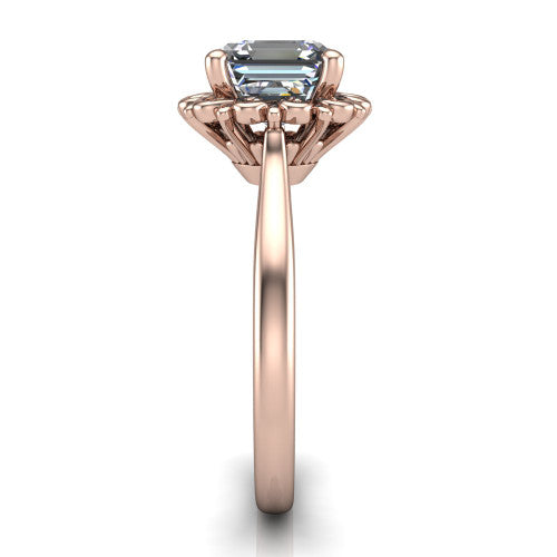 Naomi asscher solitaire engagement ring in 18K Rose Gold with vintage floral filigree frame, side profile showing the plain band and filigree gallery