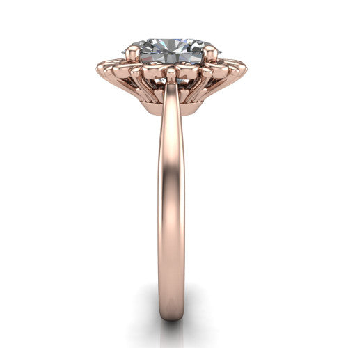 Naomi oval solitaire engagement ring in 18K Rose Gold with vintage floral filigree frame, side profile showing the plain band and filigree gallery