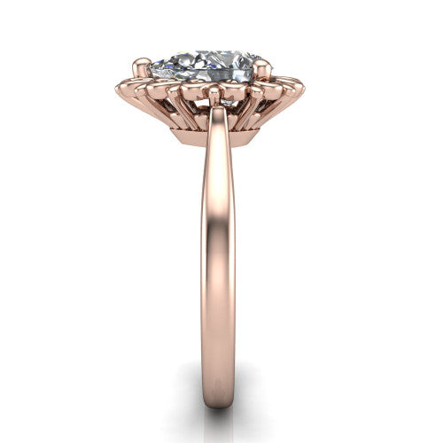 Naomi pear solitaire engagement ring in 14K Rose Gold with vintage floral filigree frame, side profile showing the plain band and filigree gallery