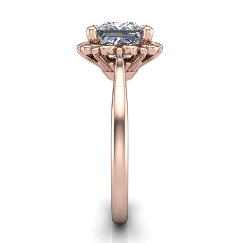 Naomi princess solitaire engagement ring in 18K Rose Gold with vintage floral filigree frame, side profile showing the plain band and filigree gallery