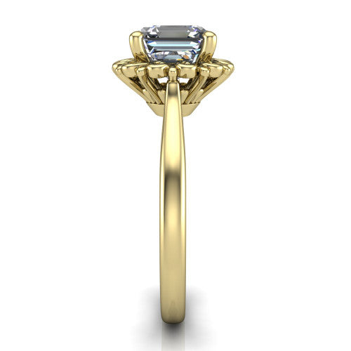 Naomi asscher solitaire engagement ring in 18K Yellow Gold with vintage floral filigree frame, side profile showing the plain band and filigree gallery