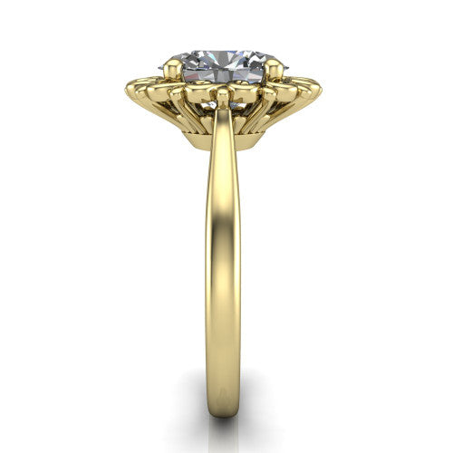 Naomi oval solitaire engagement ring in 18K Yellow Gold with vintage floral filigree frame, side profile showing the plain band and filigree gallery