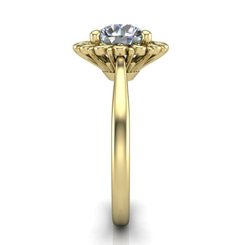 Naomi round solitaire engagement ring in 14K Yellow Gold with vintage floral filigree frame, side profile showing the plain band and filigree gallery