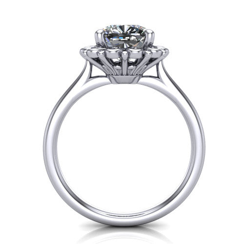 Naomi cushion solitaire engagement ring in 14K White Gold with vintage floral filigree frame, through-finger front profile