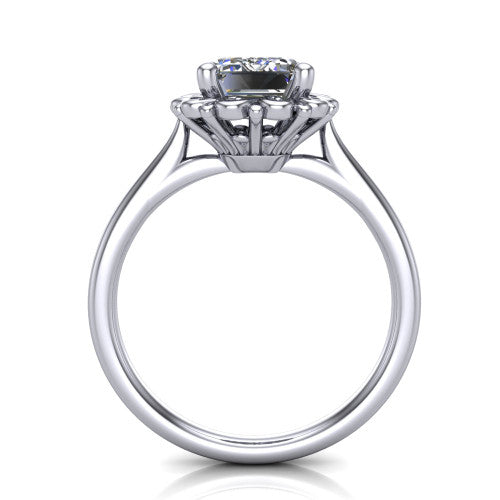 Naomi emerald solitaire engagement ring in 18K White Gold with vintage floral filigree frame, through-finger front profile