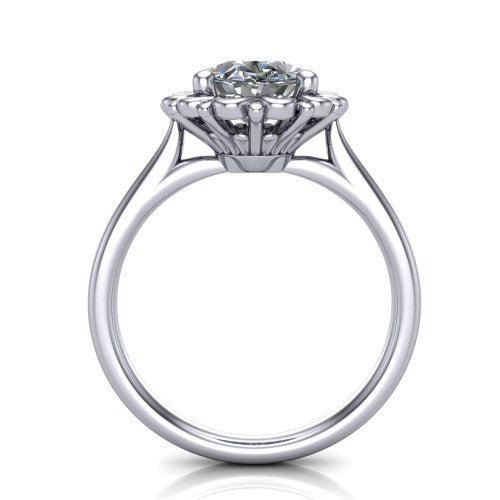 Naomi oval solitaire engagement ring in 14K White Gold with vintage floral filigree frame, through-finger front profile