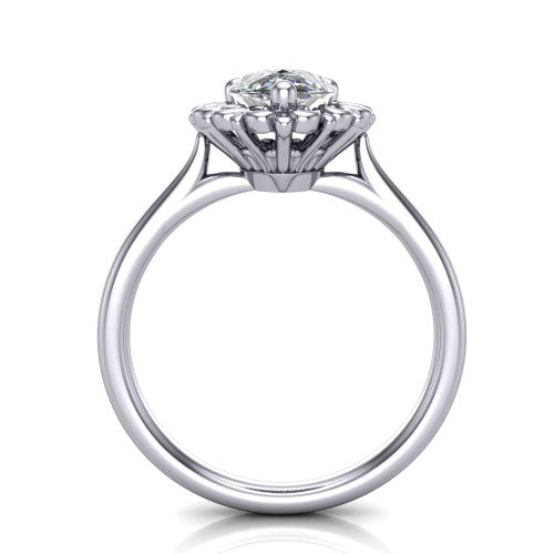 Naomi pear solitaire engagement ring in 14K White Gold with vintage floral filigree frame, through-finger front profile