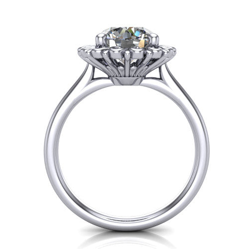 Naomi round solitaire engagement ring in 18K White Gold with vintage floral filigree frame, through-finger front profile