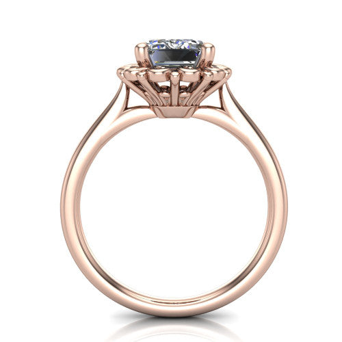 Naomi emerald solitaire engagement ring in 18K Rose Gold with vintage floral filigree frame, through-finger front profile