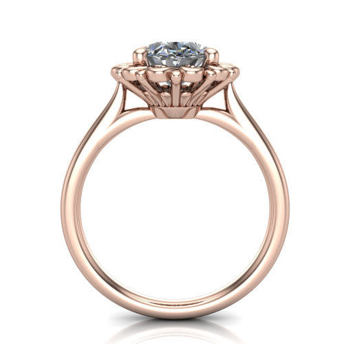 Naomi oval solitaire engagement ring in 18K Rose Gold with vintage floral filigree frame, through-finger front profile