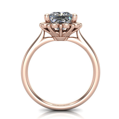Naomi princess solitaire engagement ring in 18K Rose Gold with vintage floral filigree frame, through-finger front profile