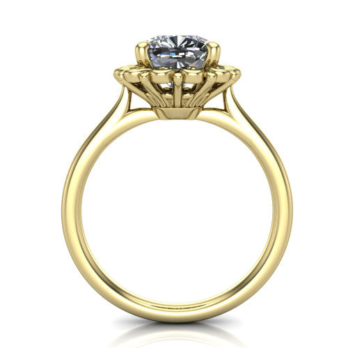 Naomi cushion solitaire engagement ring in 14K Yellow Gold with vintage floral filigree frame, through-finger front profile