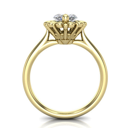 Naomi marquise solitaire engagement ring in 14K Yellow Gold with vintage floral filigree frame, through-finger front profile
