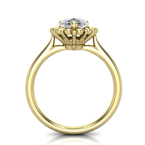Naomi pear solitaire engagement ring in 18K Yellow Gold with vintage floral filigree frame, through-finger front profile
