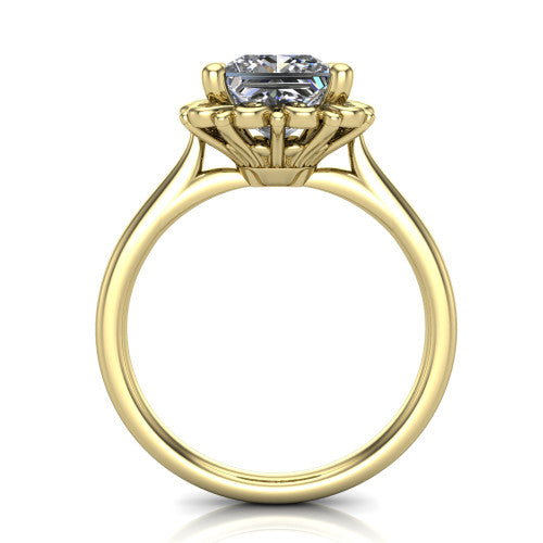 Naomi princess solitaire engagement ring in 18K Yellow Gold with vintage floral filigree frame, through-finger front profile