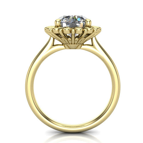Naomi round solitaire engagement ring in 14K Yellow Gold with vintage floral filigree frame, through-finger front profile