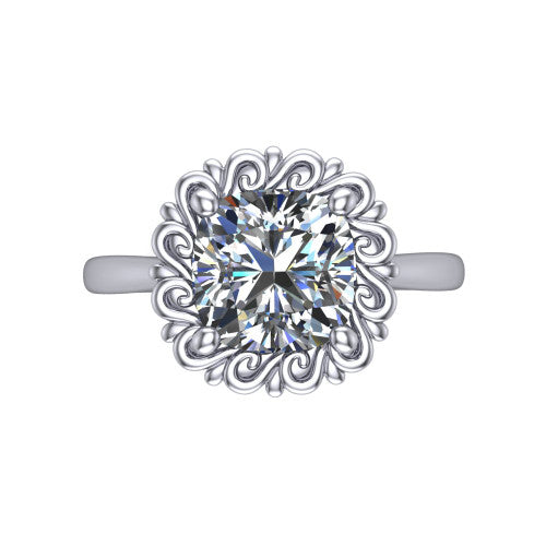 Naomi cushion solitaire engagement ring in Platinum with vintage floral filigree frame, top-down view of the floral filigree frame around the center stone
