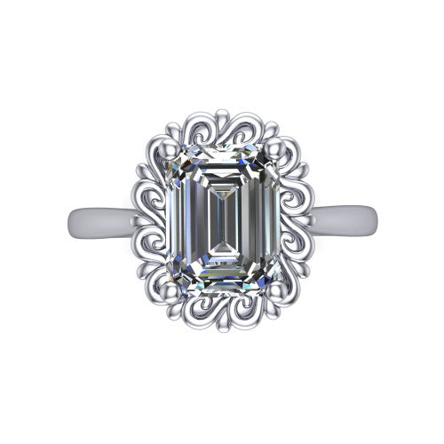 Naomi emerald solitaire engagement ring in 14K White Gold with vintage floral filigree frame, top-down view of the floral filigree frame around the center stone