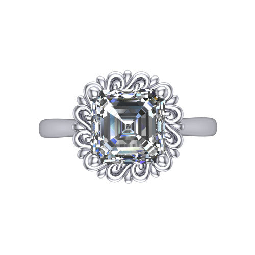 Naomi asscher solitaire engagement ring in Platinum with vintage floral filigree frame, top-down view of the floral filigree frame around the center stone