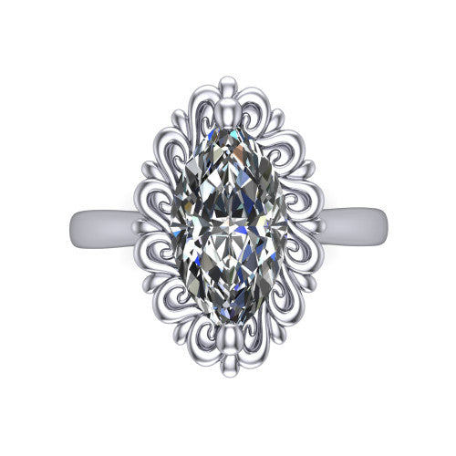 Naomi marquise solitaire engagement ring in 14K White Gold with vintage floral filigree frame, top-down view of the floral filigree frame around the center stone