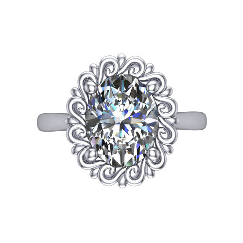 Naomi oval solitaire engagement ring in 14K White Gold with vintage floral filigree frame, top-down view of the floral filigree frame around the center stone