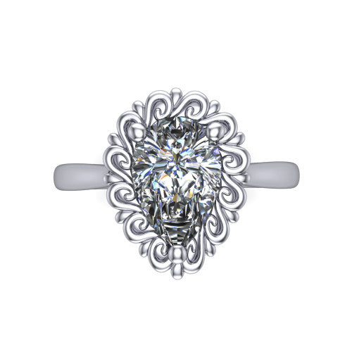 Naomi pear solitaire engagement ring in 14K White Gold with vintage floral filigree frame, top-down view of the floral filigree frame around the center stone