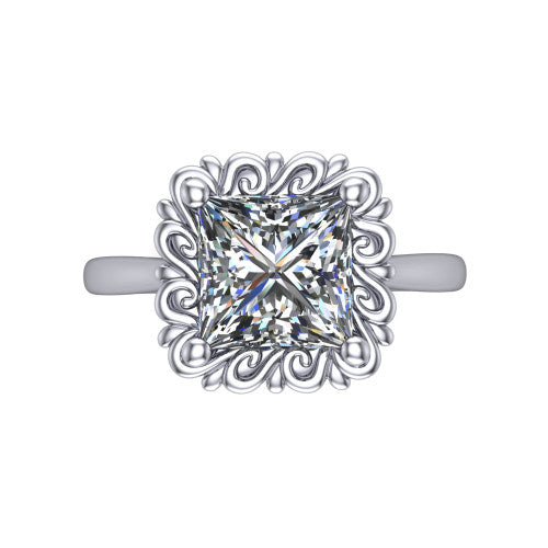Naomi princess solitaire engagement ring in 18K White Gold with vintage floral filigree frame, top-down view of the floral filigree frame around the center stone