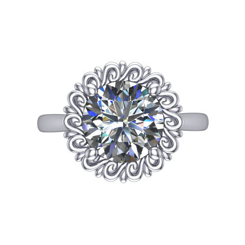 Naomi round solitaire engagement ring in 14K White Gold with vintage floral filigree frame, top-down view of the floral filigree frame around the center stone