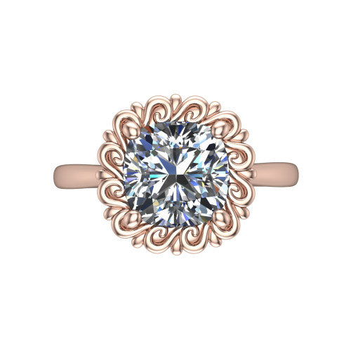 Naomi cushion solitaire engagement ring in 18K Rose Gold with vintage floral filigree frame, top-down view of the floral filigree frame around the center stone
