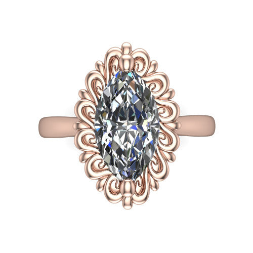 Naomi marquise solitaire engagement ring in 18K Rose Gold with vintage floral filigree frame, top-down view of the floral filigree frame around the center stone