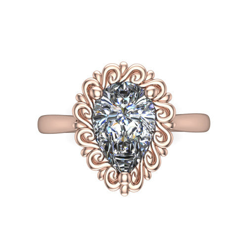 Naomi pear solitaire engagement ring in 18K Rose Gold with vintage floral filigree frame, top-down view of the floral filigree frame around the center stone
