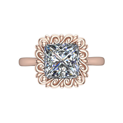 Naomi princess solitaire engagement ring in 18K Rose Gold with vintage floral filigree frame, top-down view of the floral filigree frame around the center stone