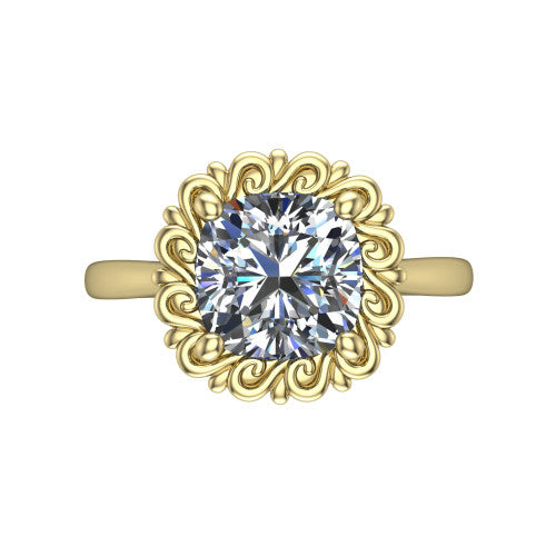 Naomi cushion solitaire engagement ring in 18K Yellow Gold with vintage floral filigree frame, top-down view of the floral filigree frame around the center stone
