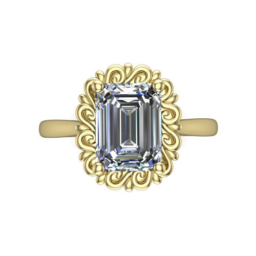 Naomi emerald solitaire engagement ring in 18K Yellow Gold with vintage floral filigree frame, top-down view of the floral filigree frame around the center stone