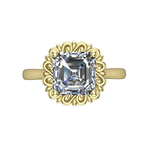 Naomi asscher solitaire engagement ring in 18K Yellow Gold with vintage floral filigree frame, top-down view of the floral filigree frame around the center stone