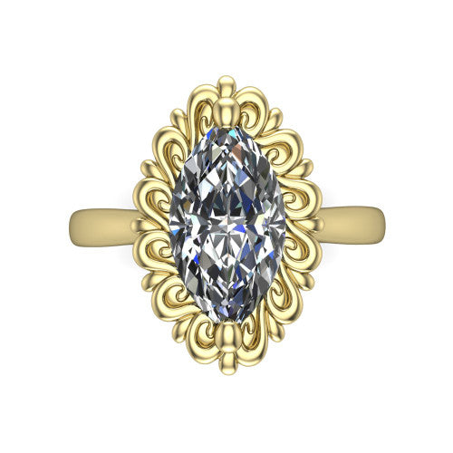 Naomi marquise solitaire engagement ring in 18K Yellow Gold with vintage floral filigree frame, top-down view of the floral filigree frame around the center stone