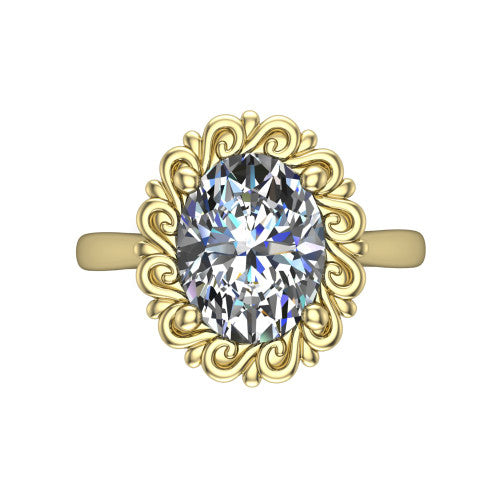 Naomi oval solitaire engagement ring in 18K Yellow Gold with vintage floral filigree frame, top-down view of the floral filigree frame around the center stone