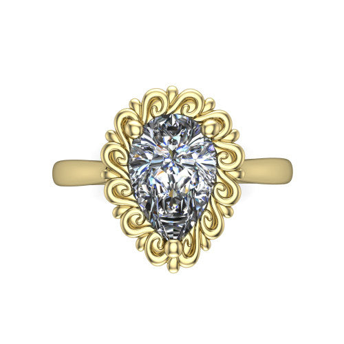Naomi pear solitaire engagement ring in 14K Yellow Gold with vintage floral filigree frame, top-down view of the floral filigree frame around the center stone