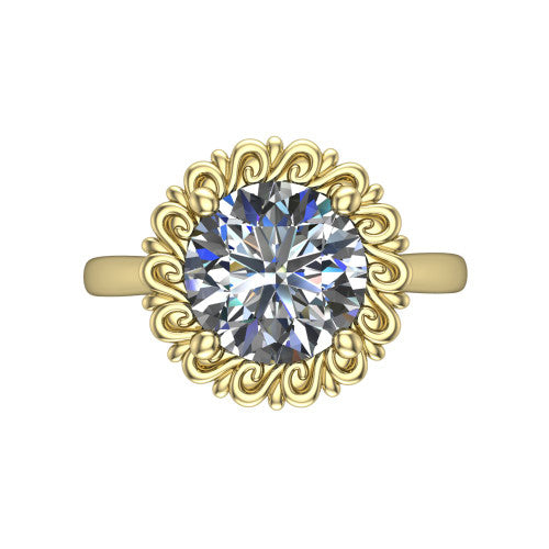 Naomi round solitaire engagement ring in 14K Yellow Gold with vintage floral filigree frame, top-down view of the floral filigree frame around the center stone