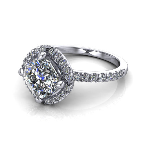 Aspen cushion halo engagement ring in 14K White Gold with squared pavé halo and pavé band, three-quarter perspective view