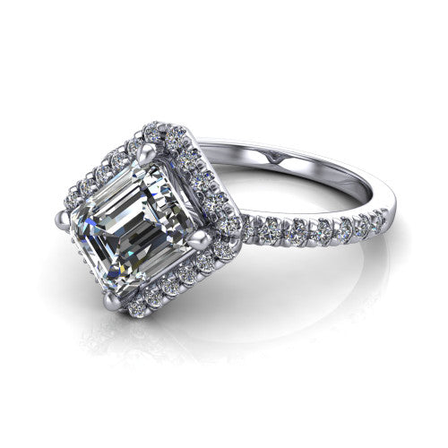 Aspen emerald halo engagement ring in 14K White Gold with squared pavé halo and pavé band, three-quarter perspective view