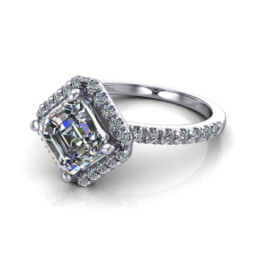 Aspen asscher halo engagement ring in 14K White Gold with squared pavé halo and pavé band, three-quarter perspective view