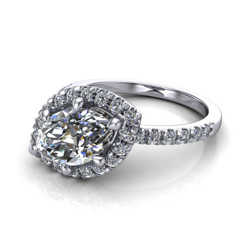 Aspen marquise halo engagement ring in 14K White Gold with squared pavé halo and pavé band, three-quarter perspective view