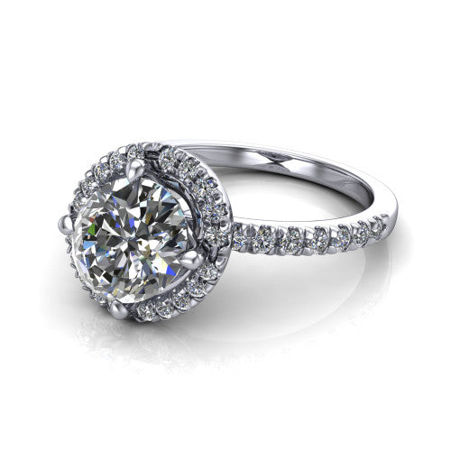 Aspen oval halo engagement ring in 14K White Gold with squared pavé halo and pavé band, three-quarter perspective view