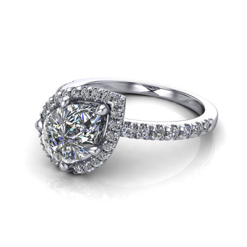 Aspen pear halo engagement ring in 18K White Gold with squared pavé halo and pavé band, three-quarter perspective view