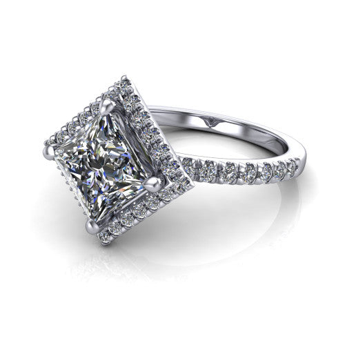 Aspen princess halo engagement ring in 14K White Gold with squared pavé halo and pavé band, three-quarter perspective view