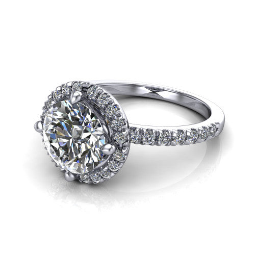 Aspen round halo engagement ring in 14K White Gold with squared pavé halo and pavé band, three-quarter perspective view