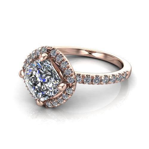 Aspen cushion halo engagement ring in 14K Rose Gold with squared pavé halo and pavé band, three-quarter perspective view