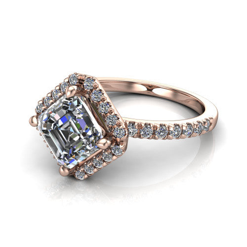 Aspen asscher halo engagement ring in 14K Rose Gold with squared pavé halo and pavé band, three-quarter perspective view